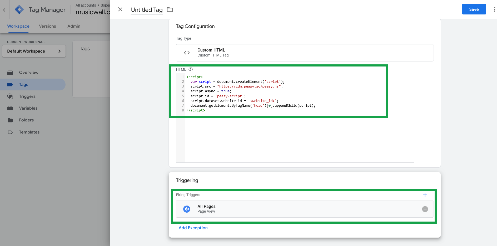 Screenshot showing the HTML field and trigger set to All pages